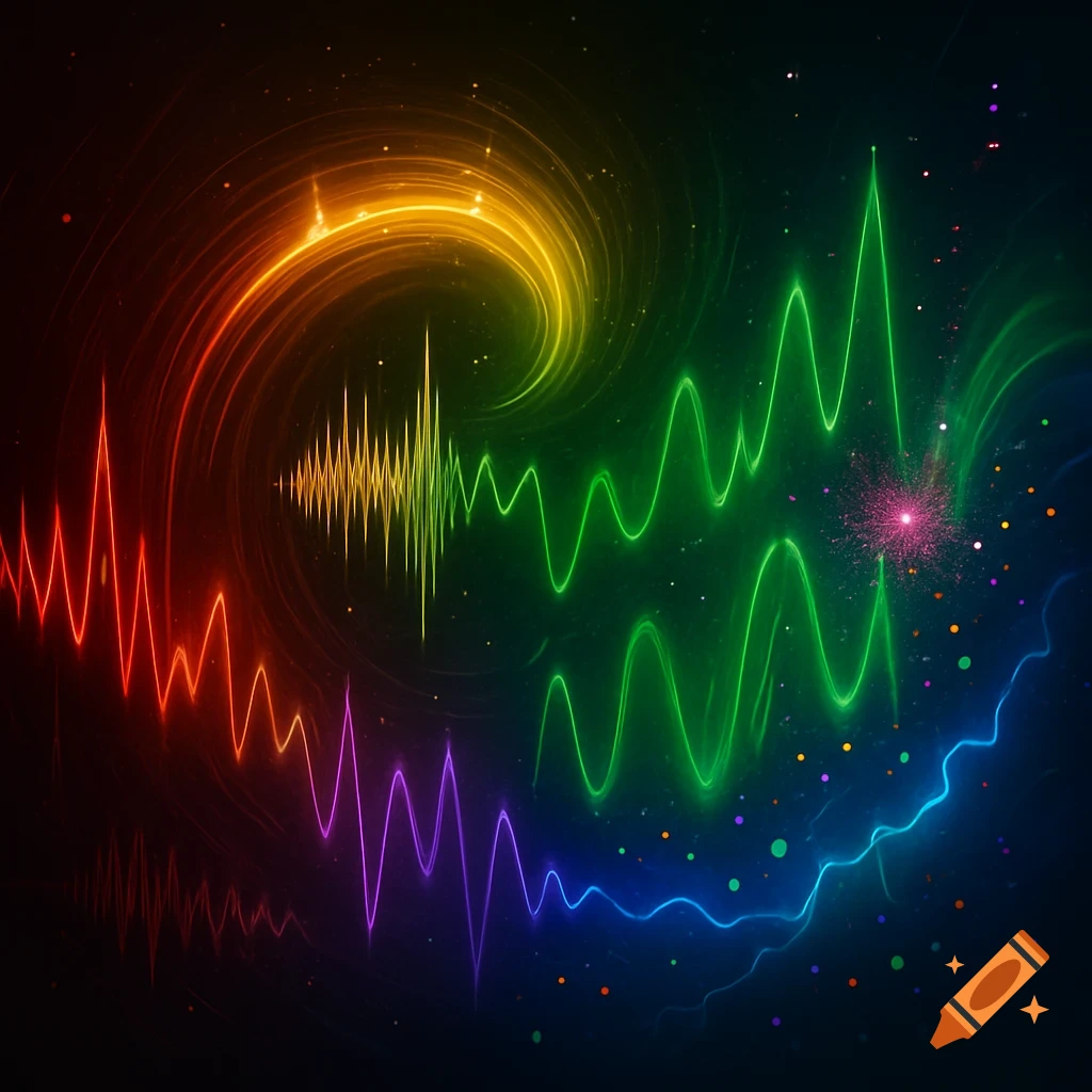 Vibrant rainbow-colored abstract sound waves and swirling light patterns on a dark background.