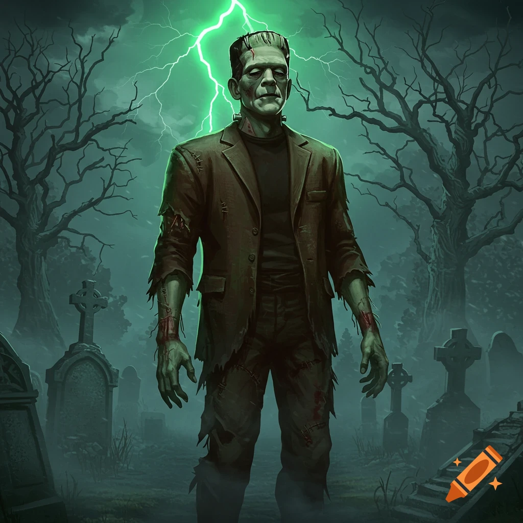 Frankenstein's monster stands in a misty graveyard with bare trees and tombstones under green lightning. Dark fantasy illustration.