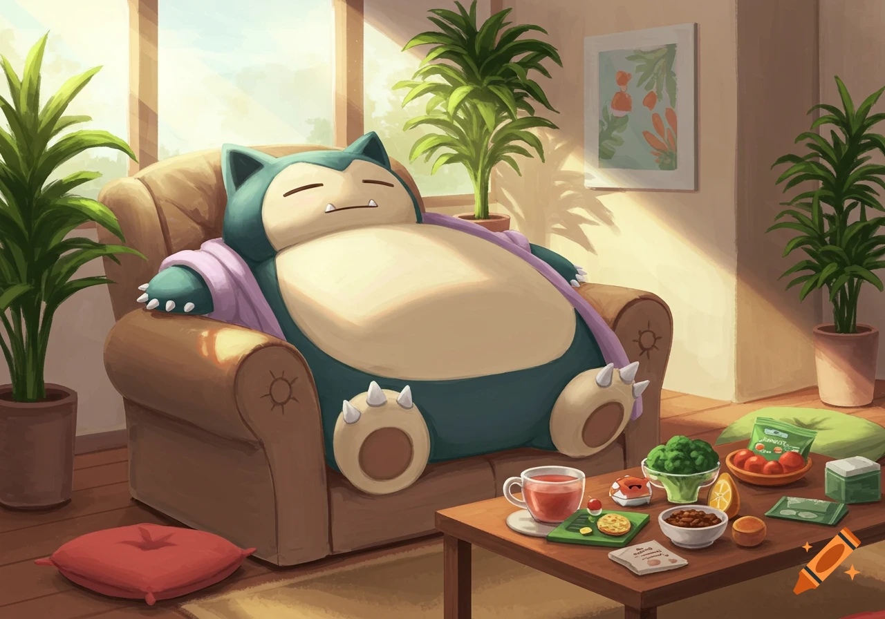 A large Snorlax comfortably sleeps in a brown armchair in a sunlit living room with plants and a table of healthy snacks.