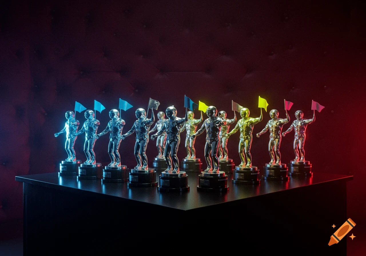 Row of metallic humanoid trophies holding colorful flags on a dark table, lit by neon blue, yellow, and red light.