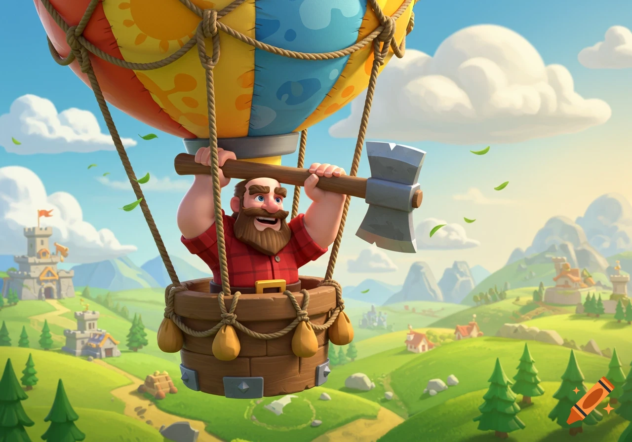 A cartoon lumberjack with an axe in a hot air balloon floats over a colorful, sunny fantasy landscape with castles and hills.