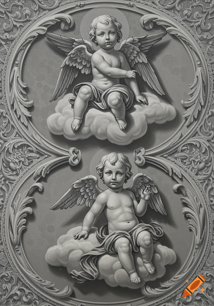 Two grayscale Baroque cherubs with wings, sitting on clouds, vertically arranged within ornate frames.