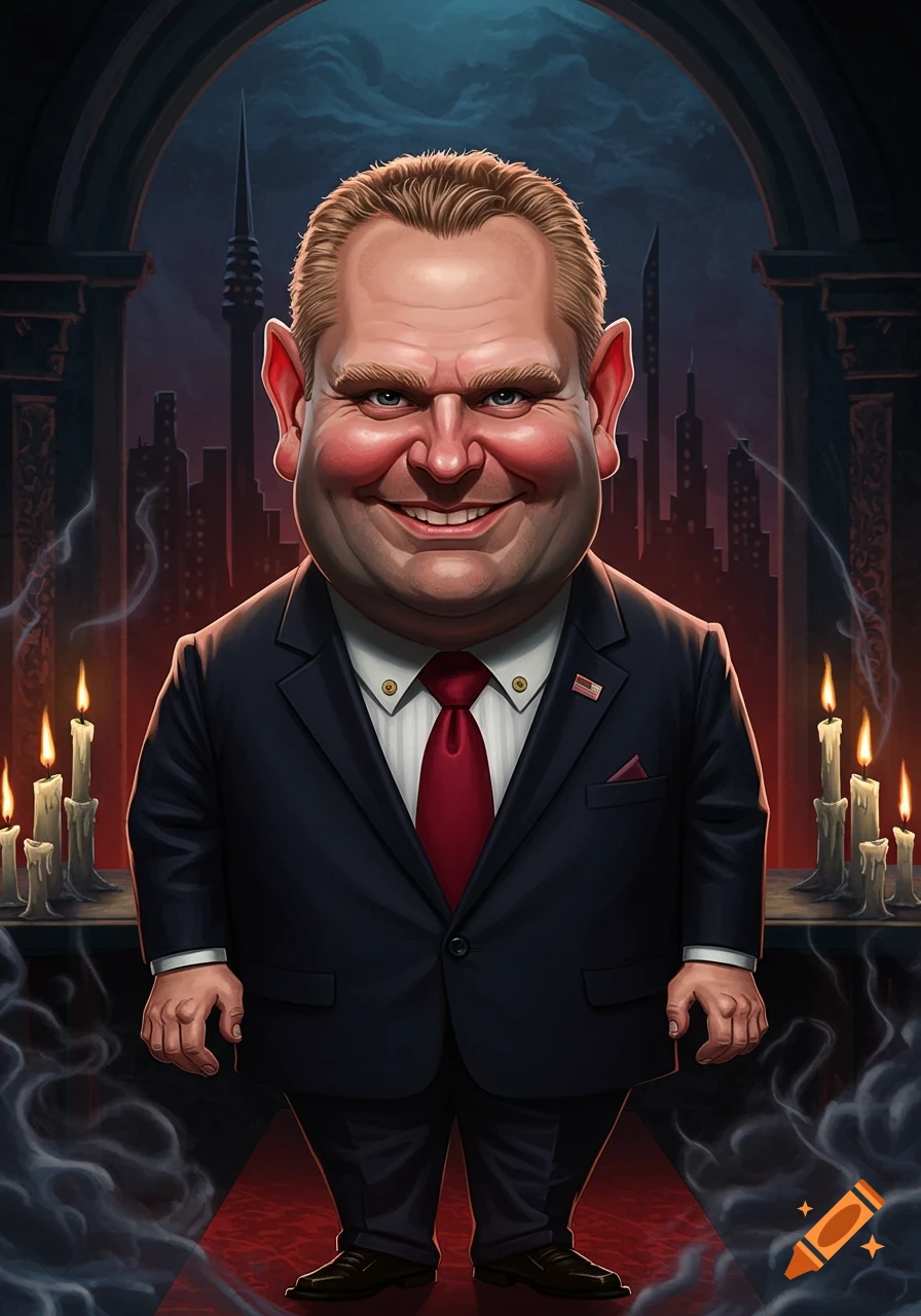 Caricature of a sinister-looking, portly man in a dark suit and red tie, with a dark city skyline and candles in the background.