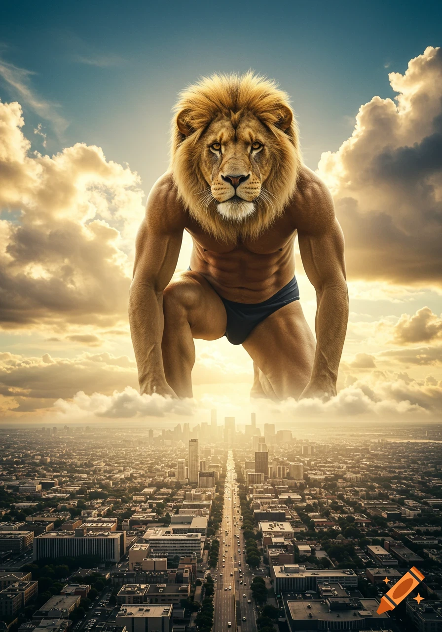 A gigantic, photorealistic anthropomorphic lion in a speedo kneels above the clouds, dwarfing a city below.