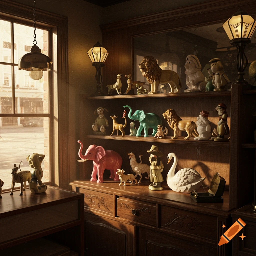 A warmly lit antique store displays various celluloid animal figurines on wooden shelves, including lions, elephants, and a swan.