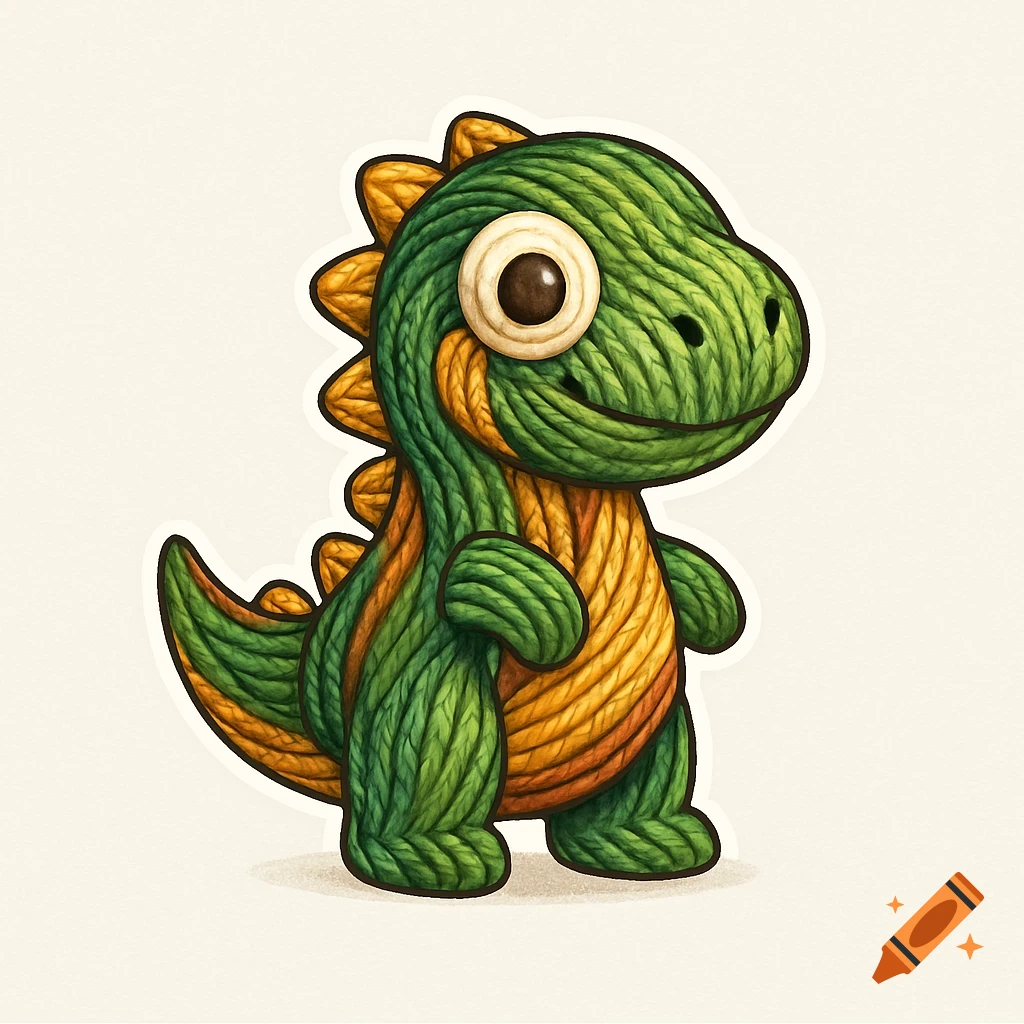 Cute green and orange yarn dinosaur cartoon illustration with a big eye, logo style.