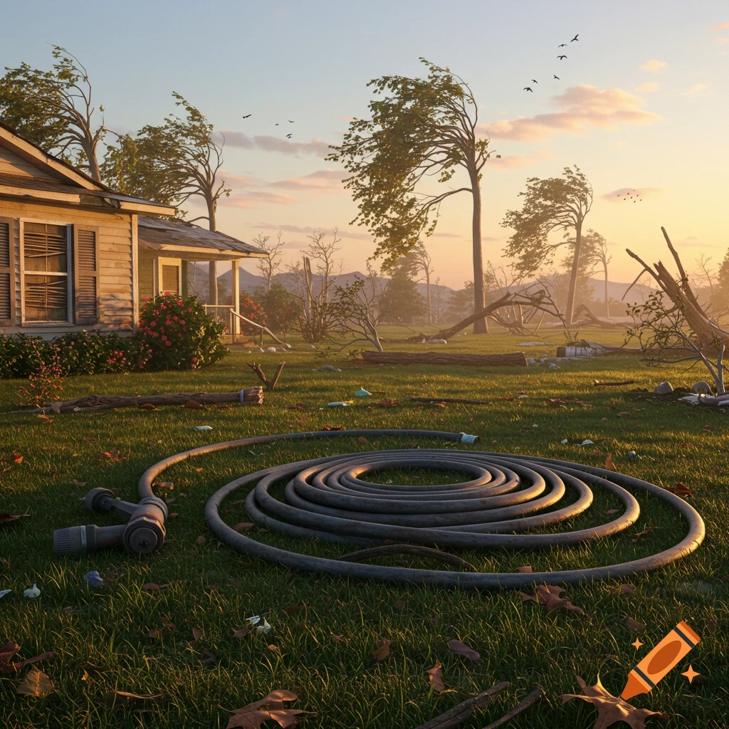 A coiled garden hose lies in a storm-damaged yard with a weathered house and fallen trees under a golden sunset.