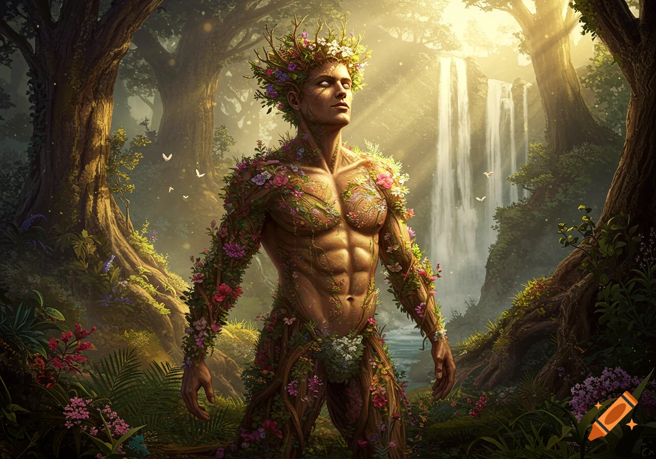 A lean male nature god covered in flowers and vines stands in a sunlit fantasy forest with waterfalls.