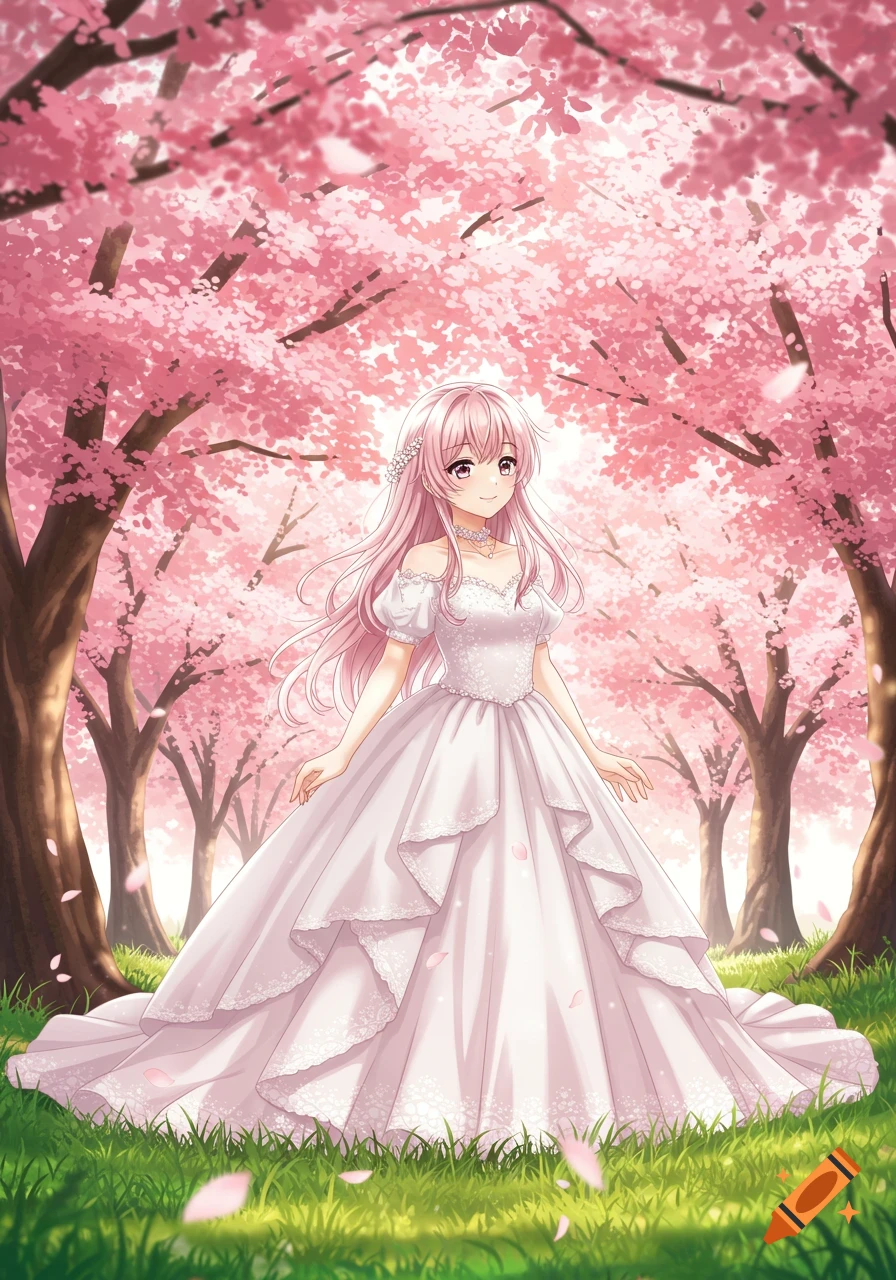 Anime girl with long pink hair and a white wedding dress stands in a park filled with pink sakura trees and falling petals.