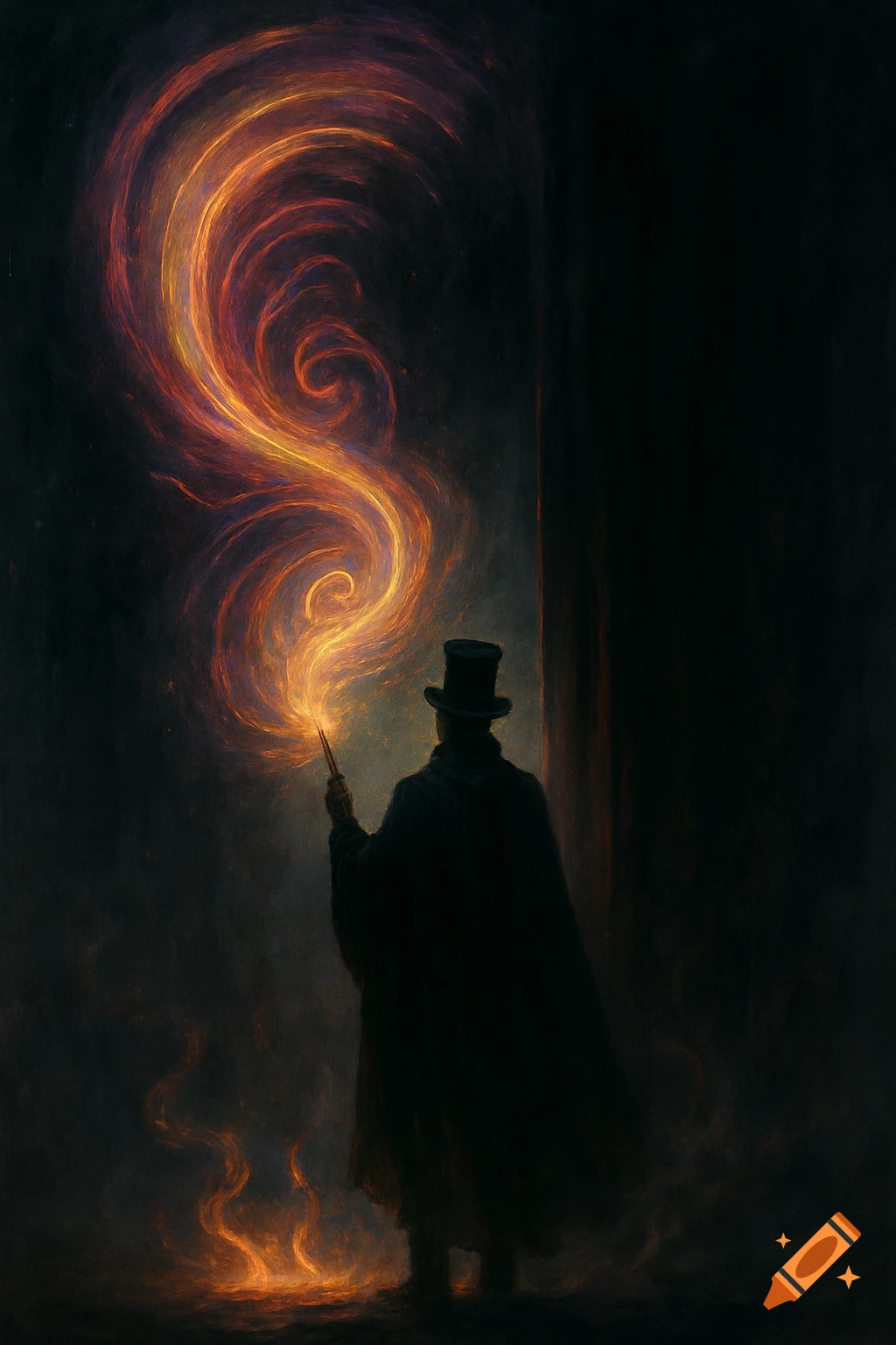 A cloaked figure with a top hat conjures swirling fiery magic from a wand in a dark, mystical setting.
