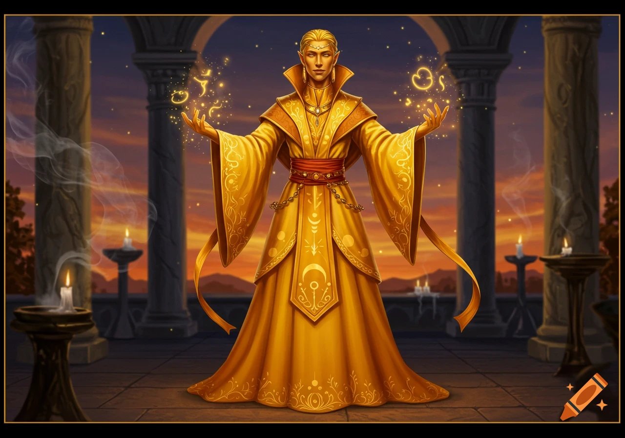 A golden-robed male elf spellcaster stands on a balcony at sunset, conjuring golden magical symbols. Fantasy art style.