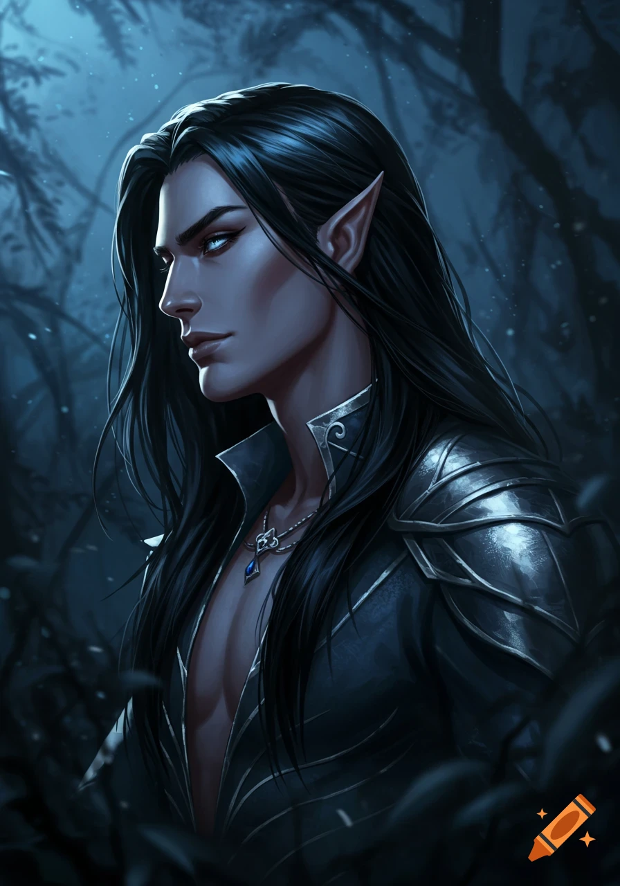 Digital portrait of a dark-skinned, dark-haired male elf with glowing blue eyes, wearing dark armor and a necklace, against a dark forest background.