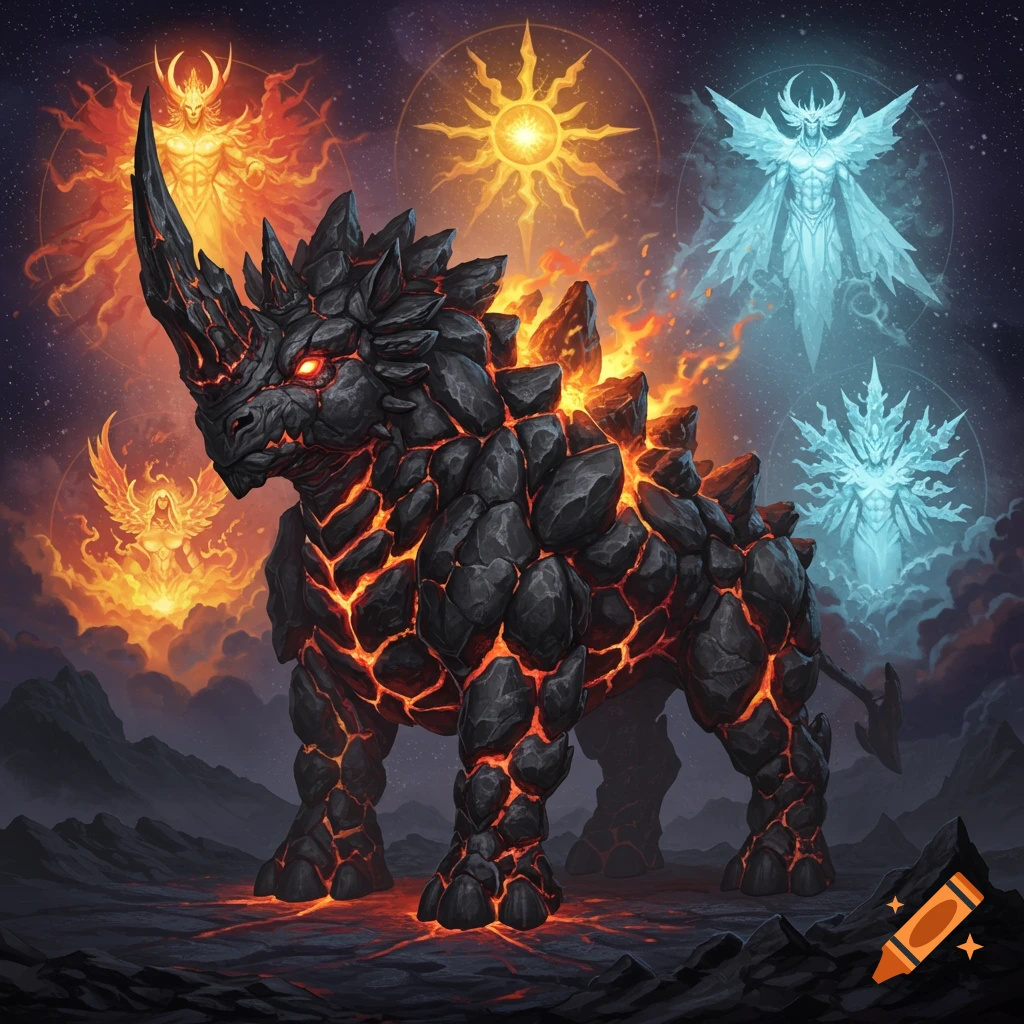 A massive, lava-cracked rock rhino stands on a rocky plain, with elemental fire and ice figures in the dark sky. Fantasy art.