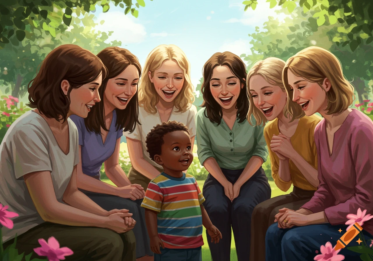 An illustration of six smiling white women gathered around a happy little black boy in a sunny park with trees and pink flowers.