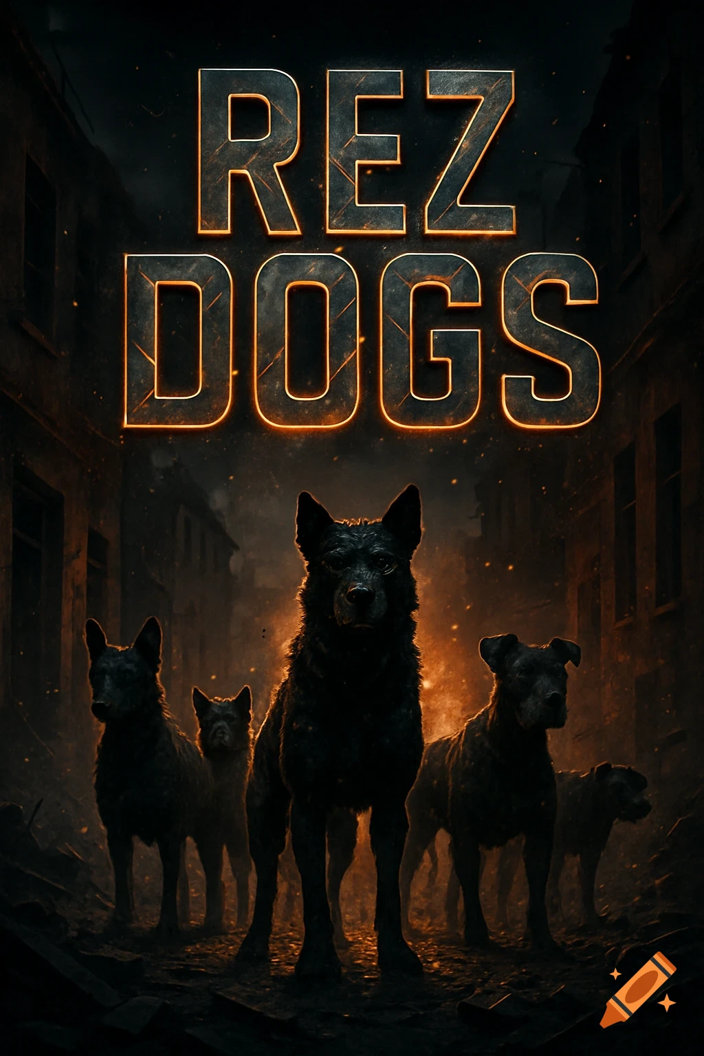 Gritty art of black dogs on a dark urban street with 'REZ DOGS' text.