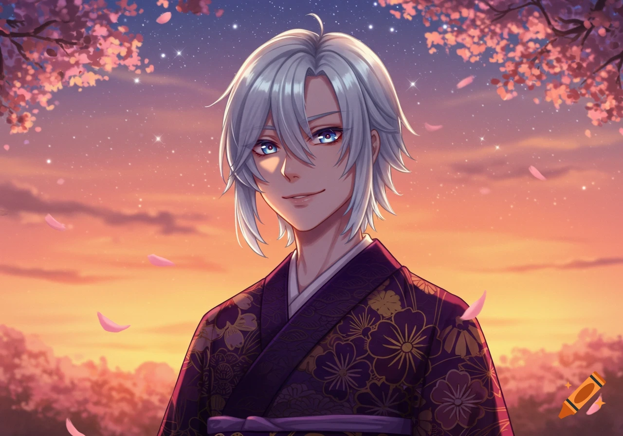 Anime character with white hair and blue eyes in a purple floral kimono, smiling under pink cherry blossoms at sunset.