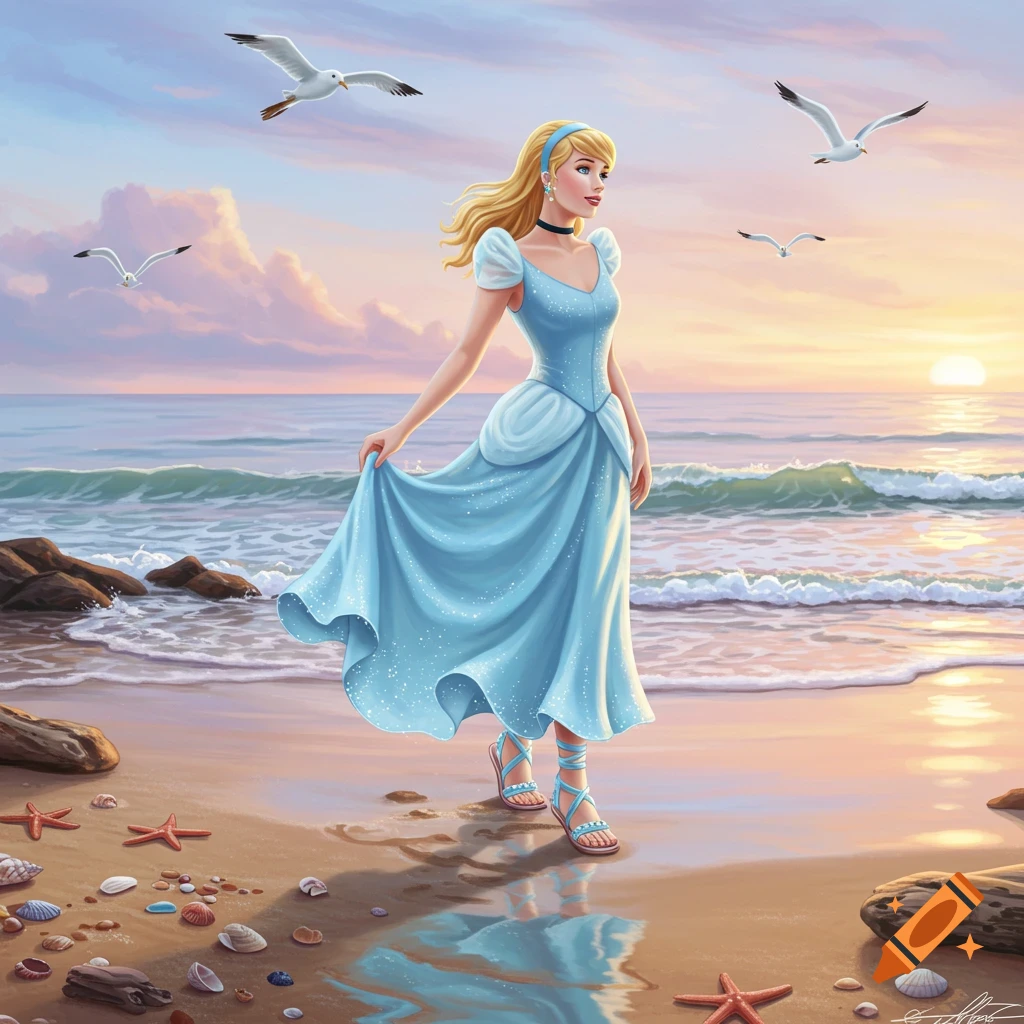 Illustrated Cinderella in a blue dress and sandals standing on a sandy beach at sunset with waves and seagulls.