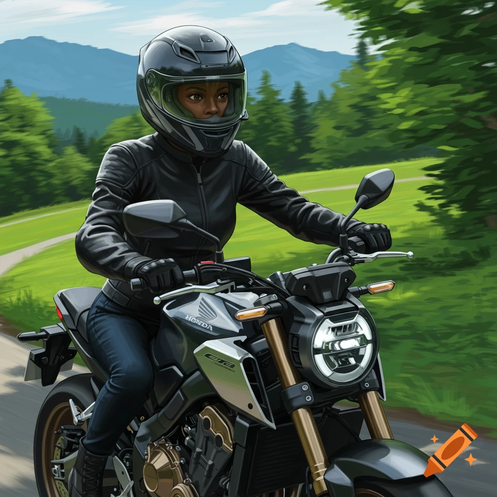 A Black woman in a leather jacket and helmet rides a Honda CB 650r motorcycle on a winding road with mountains.