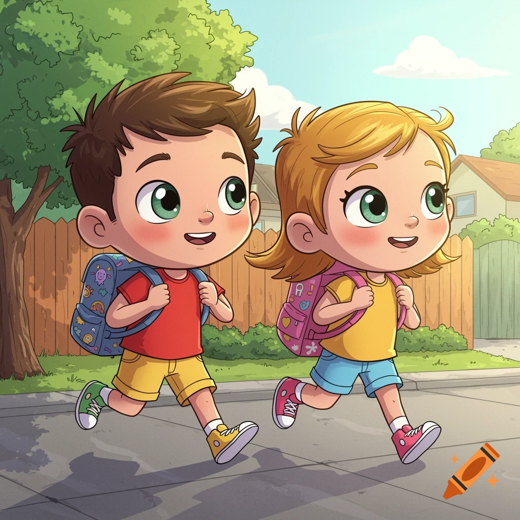 A cartoon of a boy and girl with backpacks, wearing shorts and t-shirts, running happily to school on a sunny day.