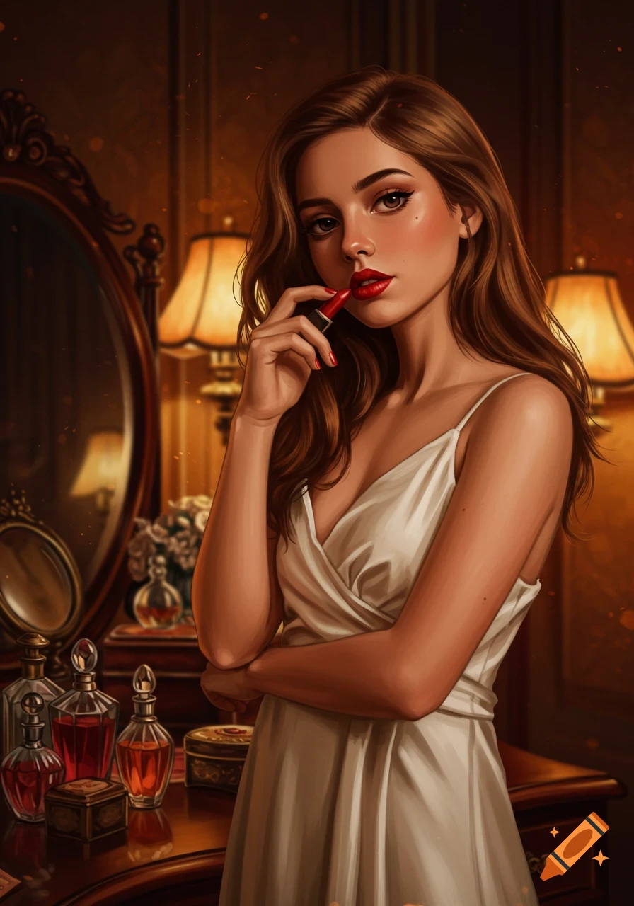 A beautiful woman in a white slip dress applying red lipstick at a vanity table, digital art style.