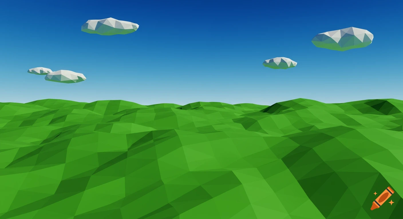A vibrant low-poly landscape with green rolling hills under a bright blue sky and polygonal white clouds.