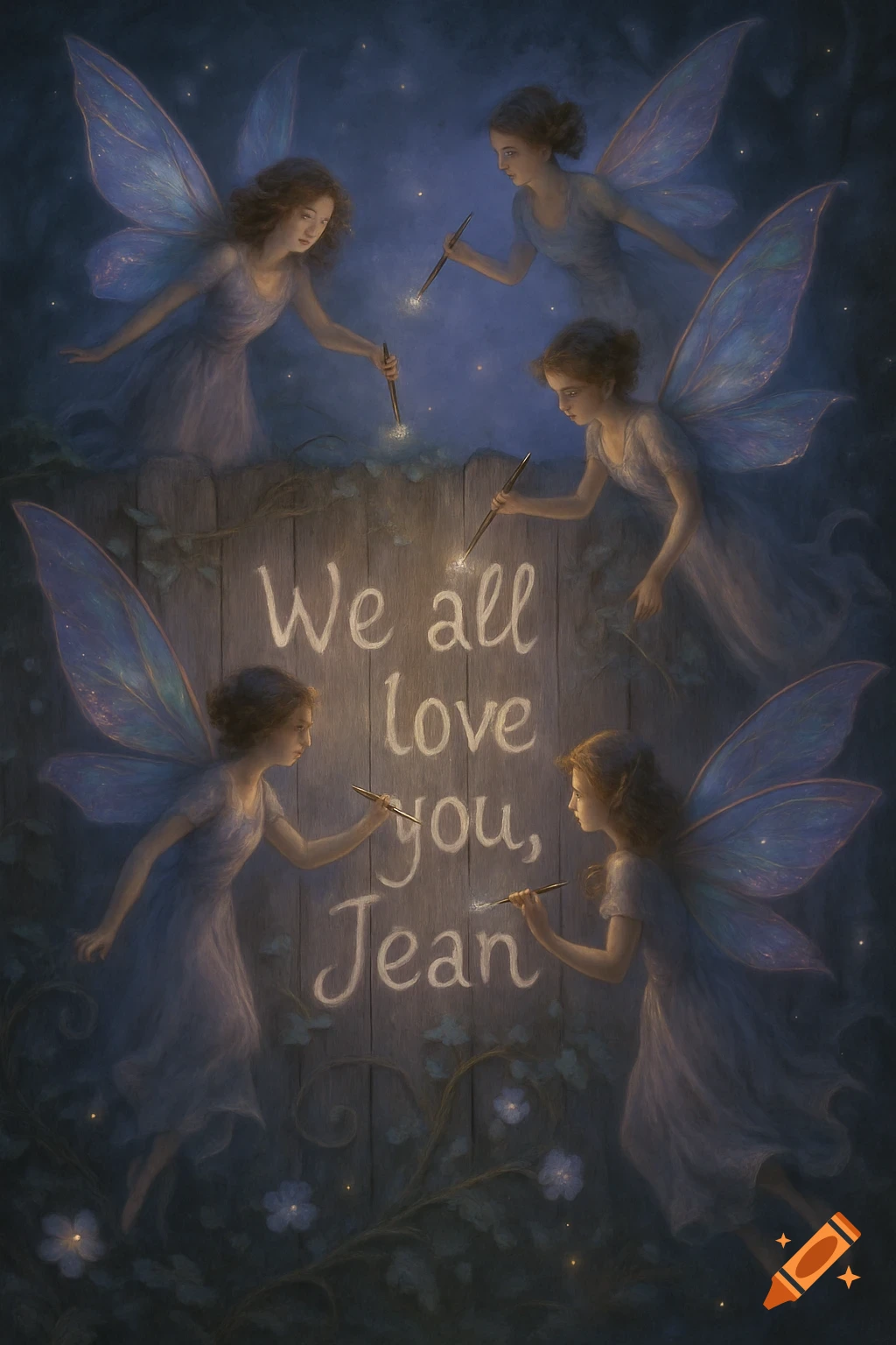 Four fairies with glowing wings hover while writing "We all love you, Jean" on a wooden fence at night.