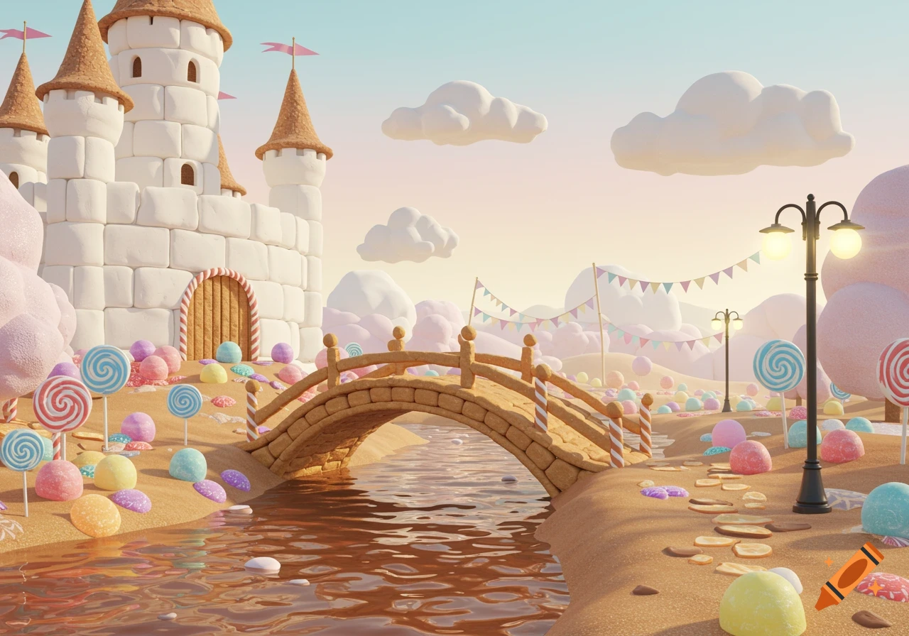 Whimsical candy kingdom with a marshmallow castle, graham cracker bridge over a chocolate river, and lollipop trees under a pastel sky.