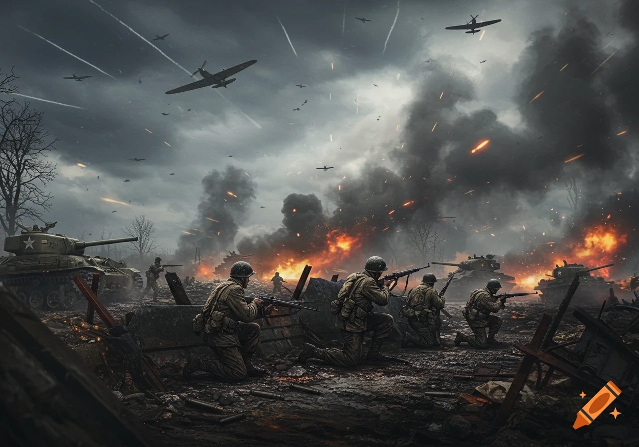 Photorealistic depiction of a World War 2 battle with soldiers, tanks, and planes under a smoke-filled sky with explosions.
