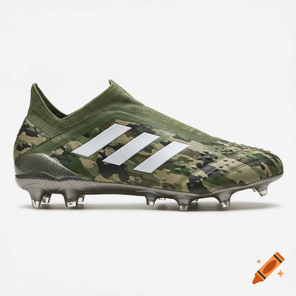 A single green camouflage Adidas soccer cleat with white stripes and clear studs, shown on a white background.