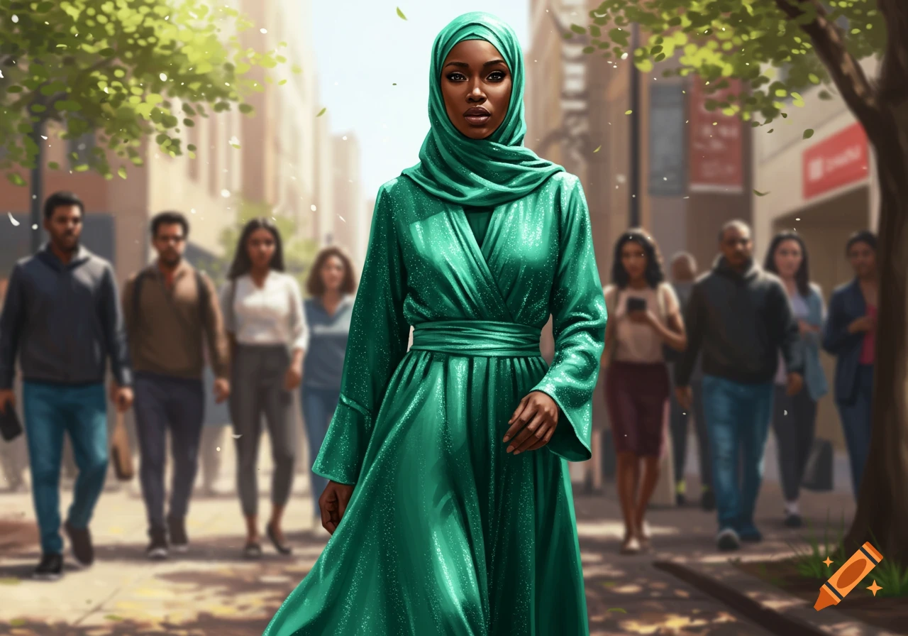 An elegant African American Muslim woman in a vibrant green glitter dress and hijab walks confidently on a sunny city street with blurred people.