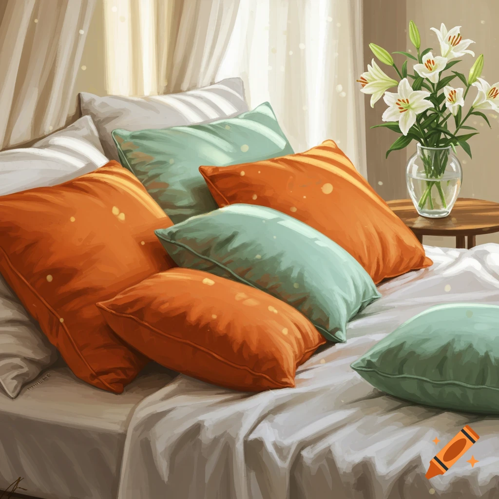 Stylized painting of a bed with many orange and mint green pillows, a white bedspread, and a vase of white lilies on a bedside table.