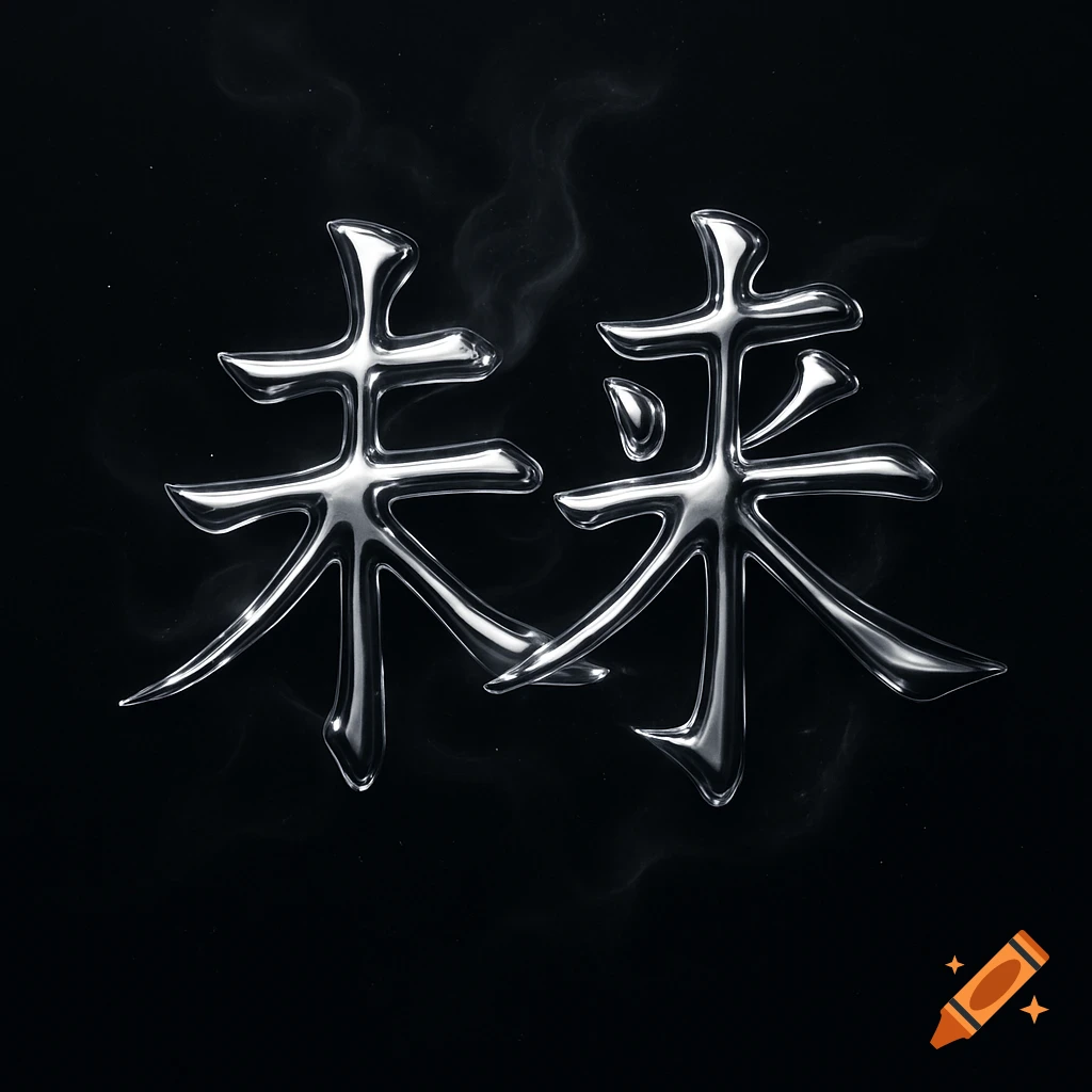 Shiny silver Chinese characters '未来' (Future) on a dark black background with subtle wisps of smoke.