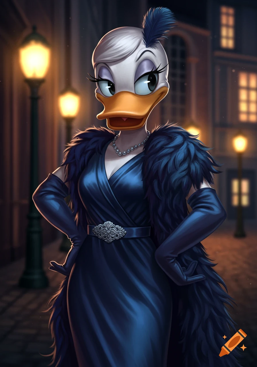 Daisy Duck as a glamorous femme fatale in a dark blue dress, feathered boa, and gloves, standing on a dimly lit street at night.