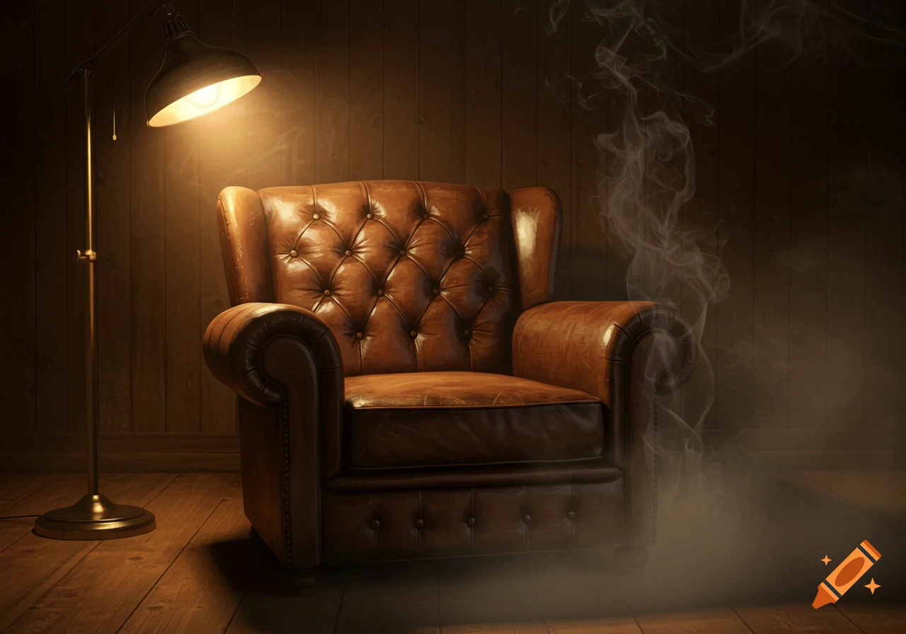 A brown leather armchair and vintage floor lamp in a dimly lit, smoky room.