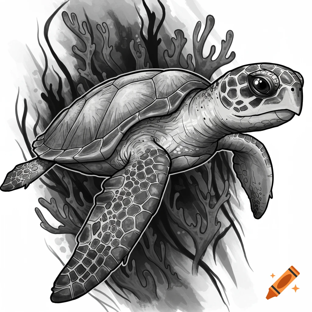 Black and white Tim Burton-style tattoo illustration of a sea turtle swimming through abstract aquatic plants.