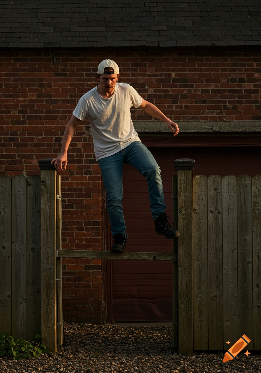 A man in a white t-shirt, jeans, and a baseball cap balances on a wooden fence, climbing towards a red brick garage roof. Photorealistic and dramatic.