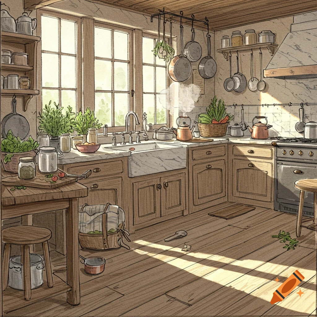 A cozy, sunlit kitchen in a sketchy illustration style, featuring a sink, stove, hanging pots, fresh produce, and wooden floors.