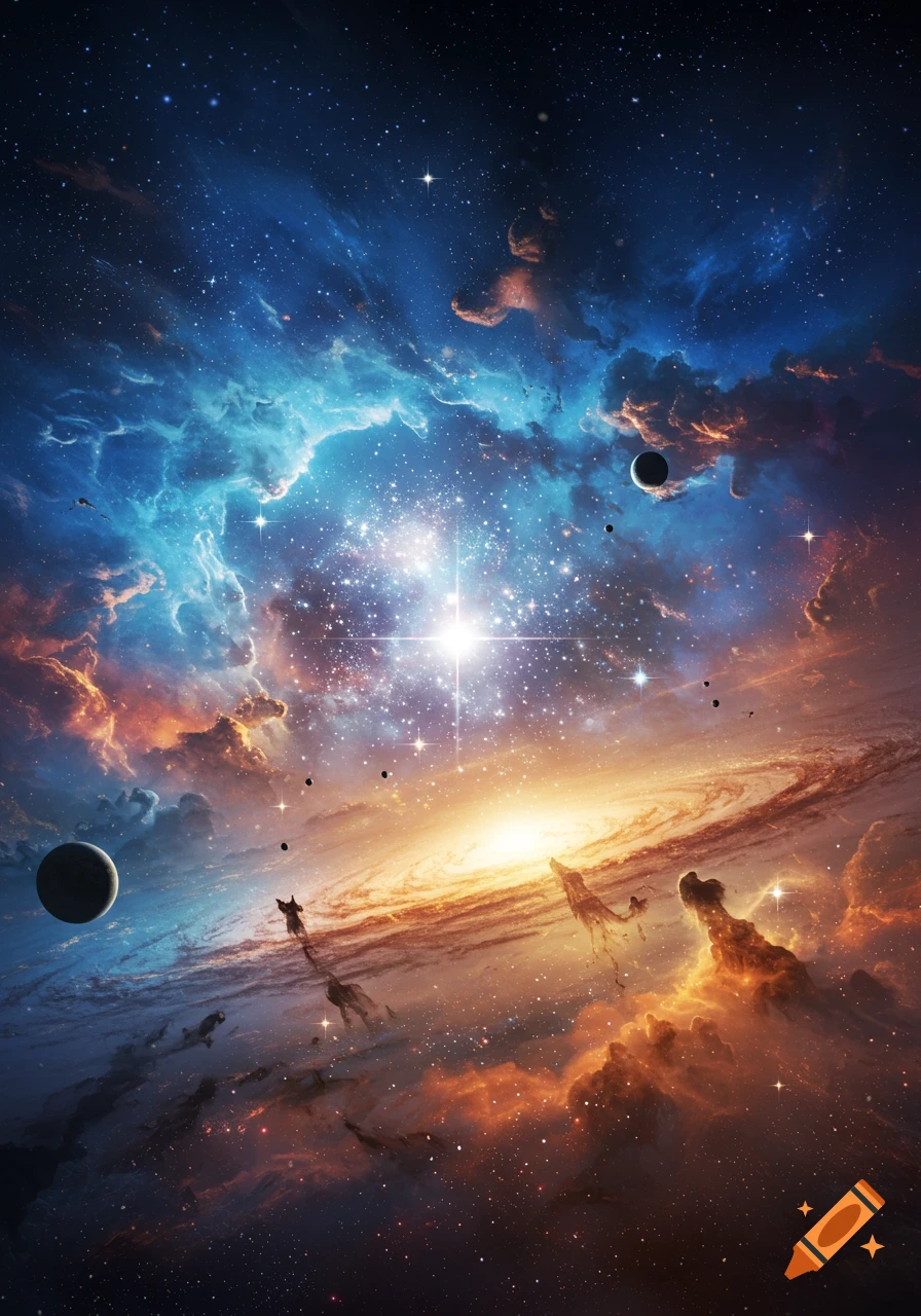 A vibrant galaxy with a bright central star, swirling blue and orange nebulae, and planets amidst a star field.
