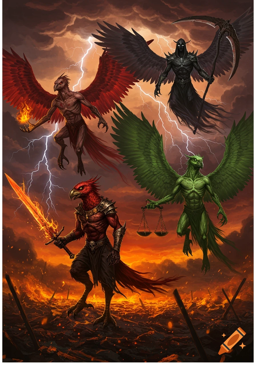 Four winged apocalyptic figures, including two bird-men, a grim reaper, and a green creature, in a stormy, fiery landscape.