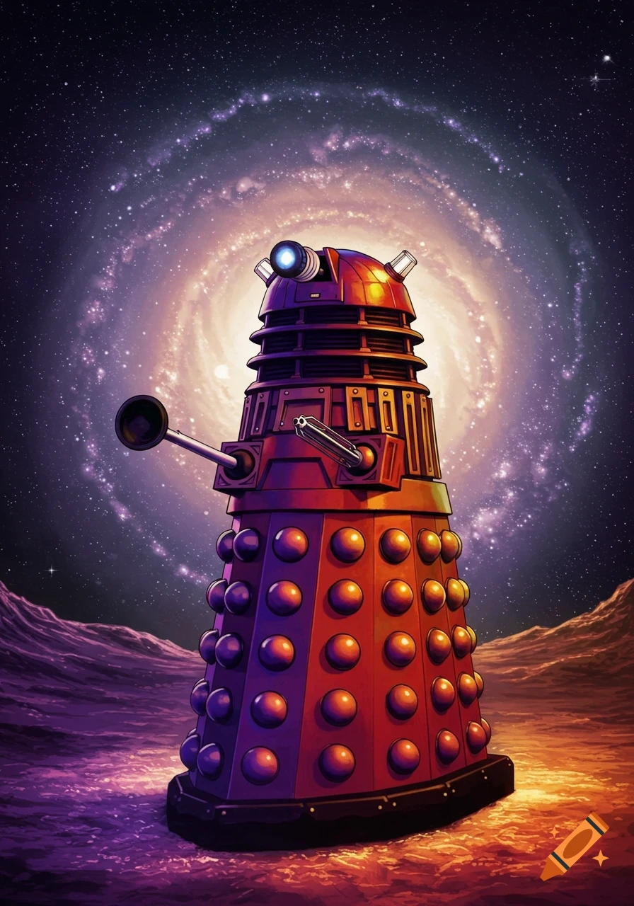 A vibrant, multicoloured Dalek stands on a rocky alien planet under a swirling galaxy in a starry night sky.