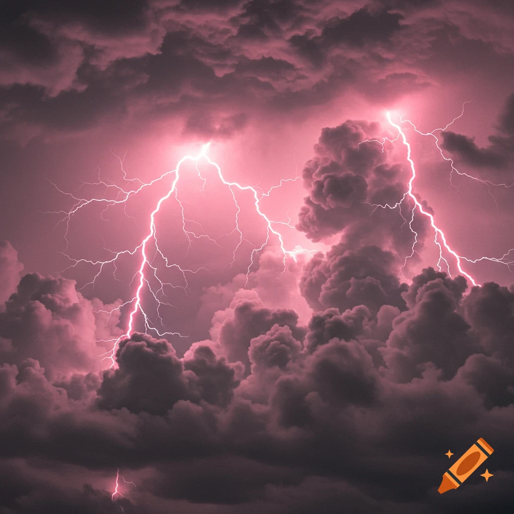Dramatic pink lightning illuminates dark grey storm clouds.