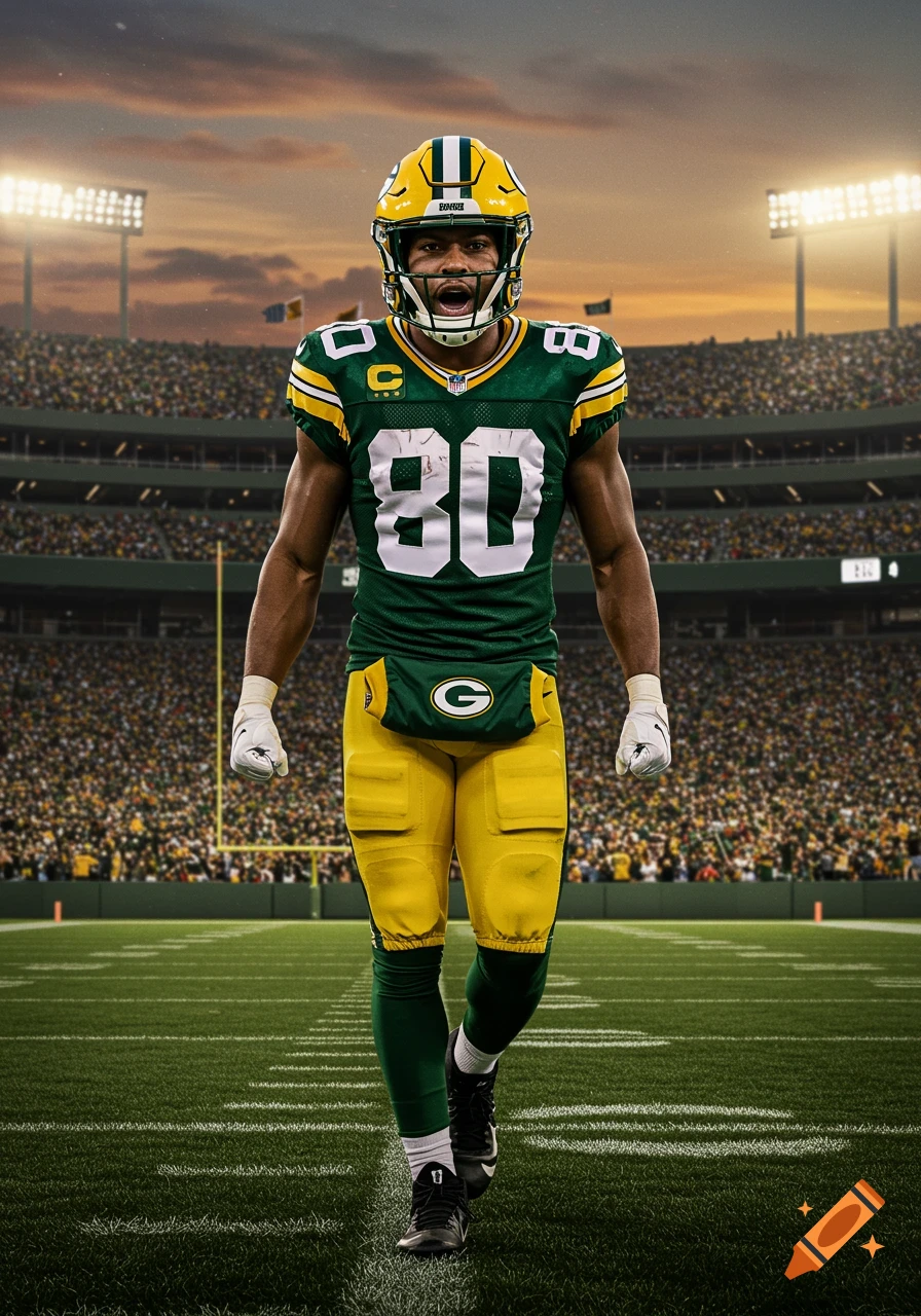 A photorealistic image of a football player in a green and yellow Green Bay Packers uniform with jersey number 80, standing on a stadium field at sunset.