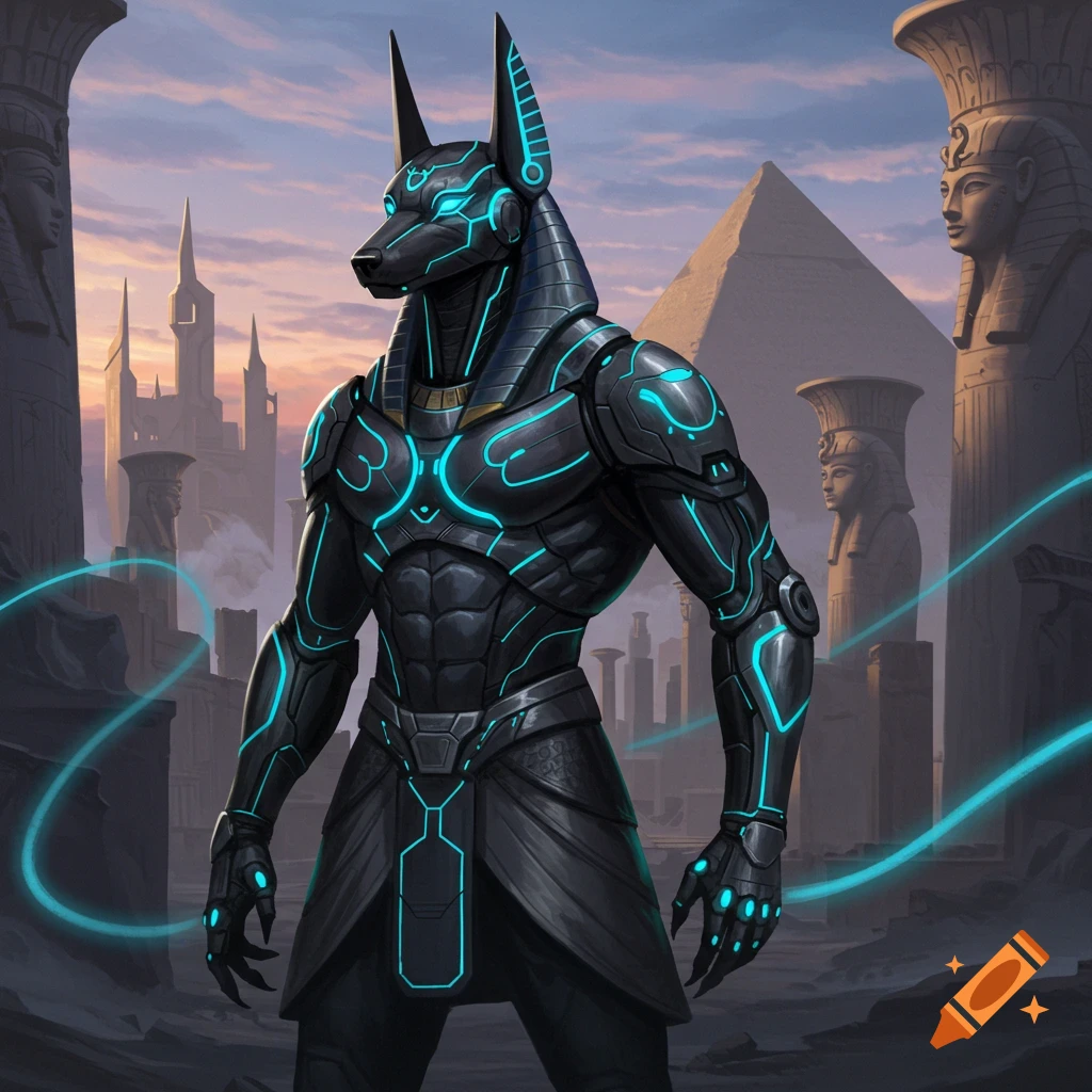 A futuristic Anubis in black armor with glowing blue lines stands in ancient Egyptian ruins at sunset. Digital art.