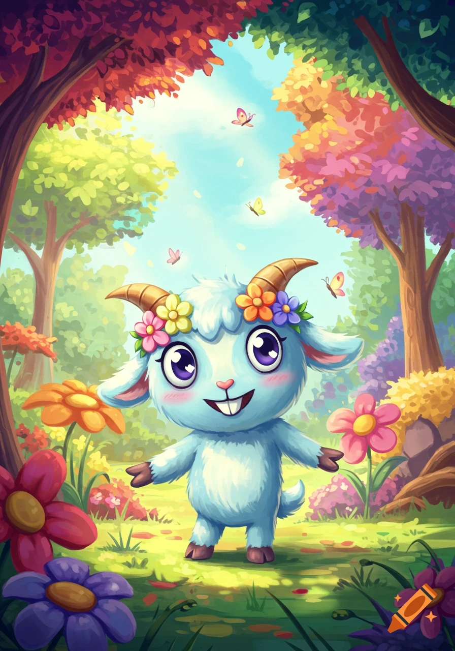 A cute, blue cartoon goat with flower crowns on its horns smiles in a vibrant, whimsical forest filled with colorful flowers and butterflies.