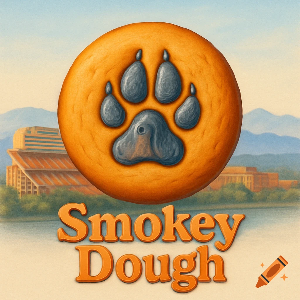 A logo with an orange cookie featuring a gray dog paw print, text 'Smokey Dough', and a background of a stadium and mountains.