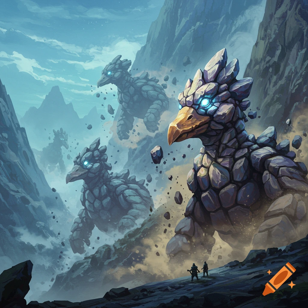 Giant rock monsters with glowing eyes, shaped like ducks, slide down a misty mountain pass while small figures watch. Digital art.