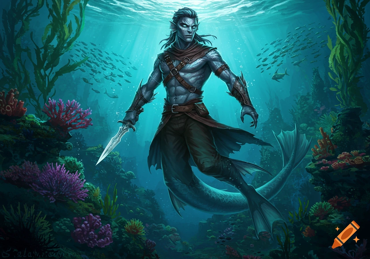 A powerful male triton with blue-grey skin, long dark hair, and a muscular torso, holding a dagger, swims through a vibrant coral reef.