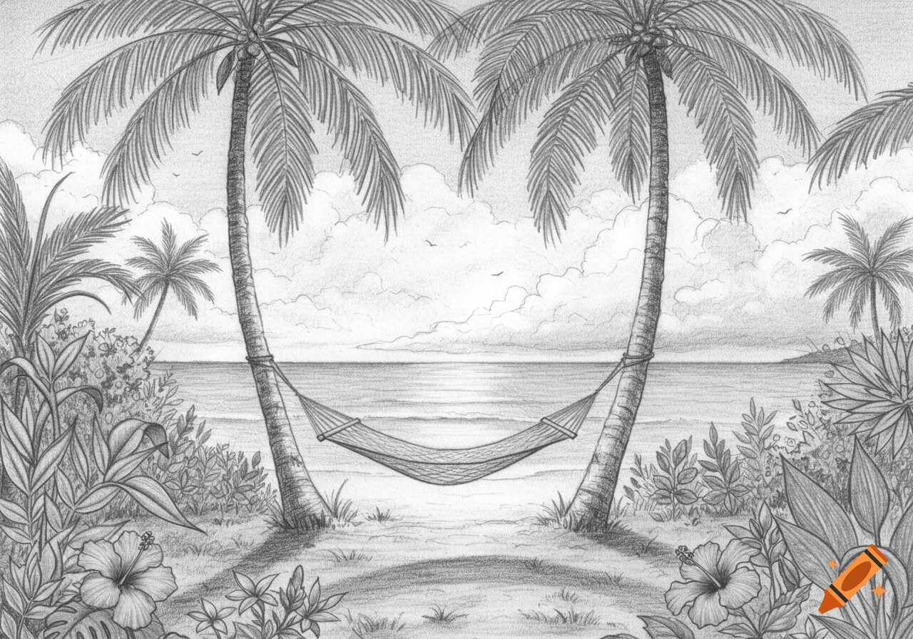Pencil drawing of a tropical beach with a hammock strung between two palm trees, overlooking the ocean under a cloudy sky.