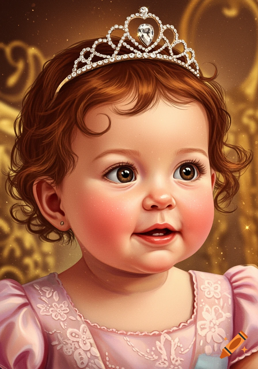 Closeup portrait of a cute baby girl with curly brown hair, wearing a diamond tiara and pink dress, with a golden background.