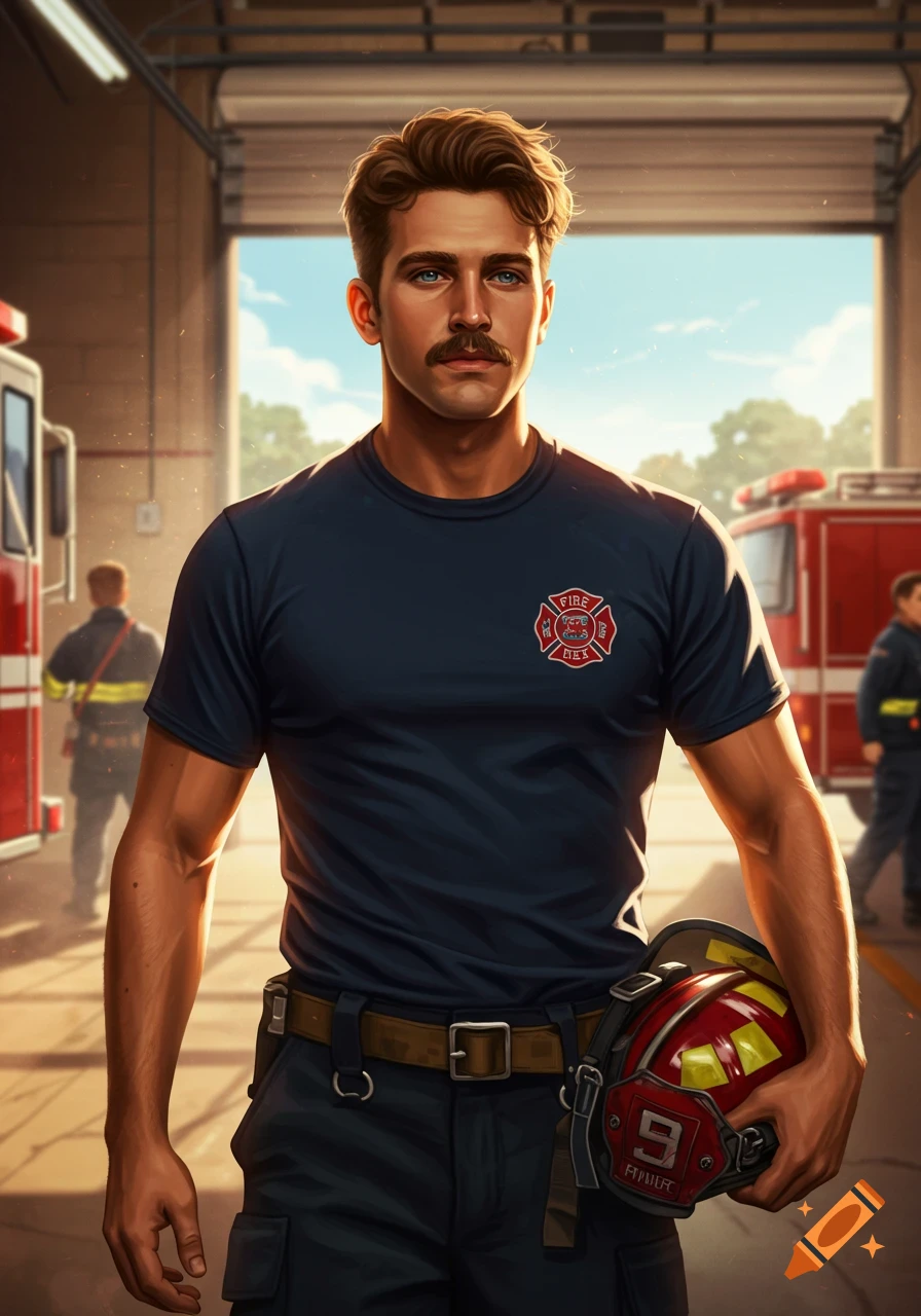Young male firefighter with a mustache in a navy blue t-shirt and uniform pants, holding a helmet, standing in a fire station.